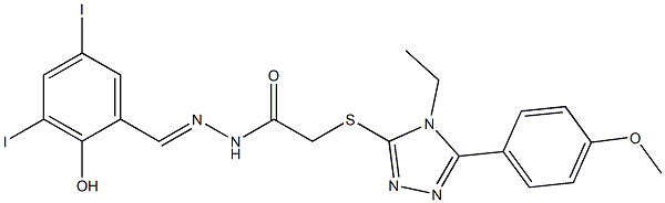 2-{[4-ethyl-5-(4-methoxyphenyl)-4H-1,2,4-triazol-3-yl]sulfanyl}-N'-[(1E)-(2-hydroxy-3,5-diiodophenyl)methylidene]acetohydrazide Struktur