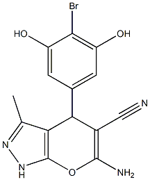 6-amino-4-(4-bromo-3,5-dihydroxyphenyl)-3-methyl-1,4-dihydropyrano[2,3-c]pyrazole-5-carbonitrile Struktur