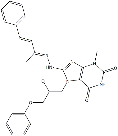 7-(2-hydroxy-3-phenoxypropyl)-3-methyl-8-[2-(1-methyl-3-phenyl-2-propenylidene)hydrazino]-3,7-dihydro-1H-purine-2,6-dione Struktur