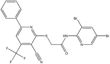 2-{[3-cyano-6-phenyl-4-(trifluoromethyl)-2-pyridinyl]sulfanyl}-N-(3,5-dibromo-2-pyridinyl)acetamide Struktur