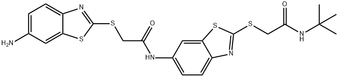 2-[(6-amino-1,3-benzothiazol-2-yl)sulfanyl]-N-(2-{[2-(tert-butylamino)-2-oxoethyl]sulfanyl}-1,3-benzothiazol-6-yl)acetamide Struktur