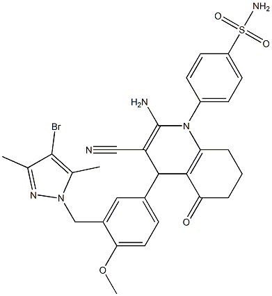 4-(2-amino-4-{3-[(4-bromo-3,5-dimethyl-1H-pyrazol-1-yl)methyl]-4-methoxyphenyl}-3-cyano-5-oxo-5,6,7,8-tetrahydro-1(4H)-quinolinyl)benzenesulfonamide Struktur