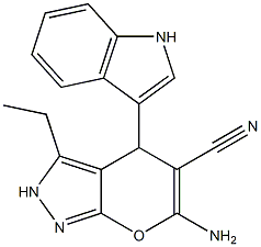 6-amino-3-ethyl-4-(1H-indol-3-yl)-2,4-dihydropyrano[2,3-c]pyrazole-5-carbonitrile Struktur