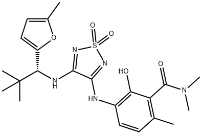 Benzamide, 3-[[4-[[(1R)-2,2-dimethyl-1-(5-methyl-2-furanyl)propyl]amino]-1,1-dioxido-1,2,5-thiadiazol-3-yl]amino]-2-hydroxy-N,N,6-trimethyl- Struktur