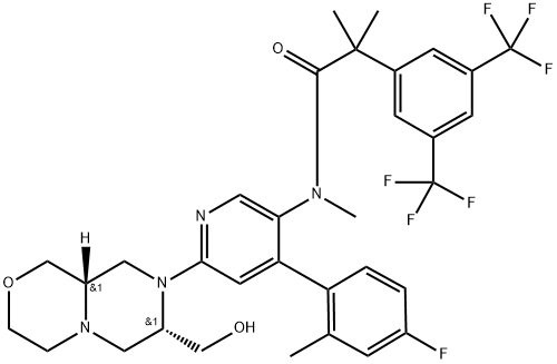 N-{6-[(7S,9aS)-7-(hydroxymethyl)-octahydropyrazino[2,1-c][1,4]oxazin-8-yl]-4-(4-fluoro-2-methylphenyl)pyridin-3-yl}-2-[3,5-bis(trifluoromethyl)phenyl]-N,2-dimethylpropanamide Struktur