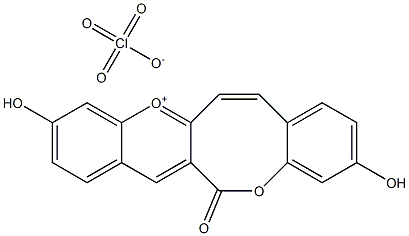 3,10-dihydroxy-13-oxo-13H-chromeno[3,2-c][1]benzoxocin-5-ium perchlorate Struktur