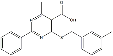 4-methyl-6-[(3-methylbenzyl)thio]-2-phenylpyrimidine-5-carboxylic acid Struktur