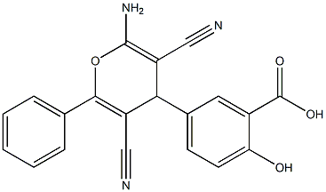 2-Hydroxy-5-[(2-amino-3,5-dicyano-6-phenyl-4H-pyran)-4-yl]benzoic acid Struktur