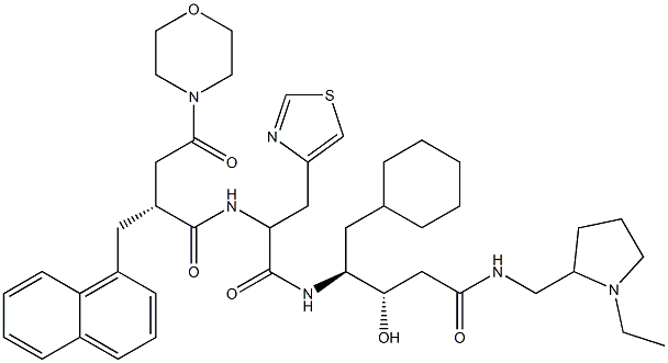 (3S,4S)-3-Hydroxy-5-cyclohexyl-4-[3-(4-thiazolyl)-2-[[(2R)-2-[morpholinocarbonylmethyl]-3-(1-naphthalenyl)propionyl]amino]propionylamino]-N-[(1-ethyl-2-pyrrolidinyl)methyl]valeramide Struktur