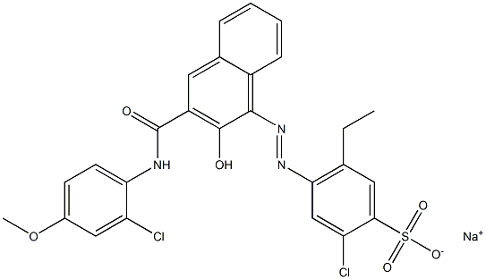 2-Chloro-5-ethyl-4-[[3-[[(2-chloro-4-methoxyphenyl)amino]carbonyl]-2-hydroxy-1-naphtyl]azo]benzenesulfonic acid sodium salt Struktur