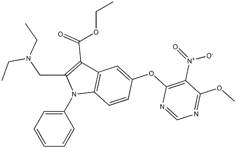 1-Phenyl-2-[(diethylamino)methyl]-5-[5-nitro-6-methoxypyrimidin-4-yloxy]-1H-indole-3-carboxylic acid ethyl ester Struktur