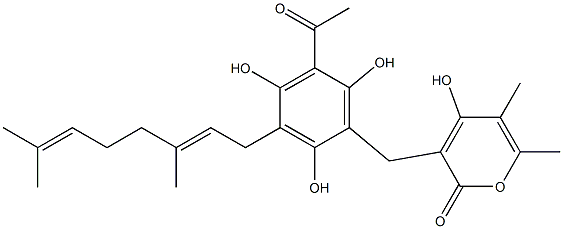 3-[3-[[(2E)-3,7-Dimethyl-2,6-octadien]-1-yl]-2,4,6-trihydroxy-5-acetylbenzyl]-4-hydroxy-5,6-dimethyl-2H-pyran-2-one Struktur