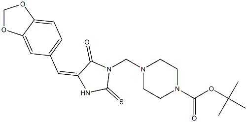 tert-butyl 4-{[4-(1,3-benzodioxol-5-ylmethylene)-5-oxo-2-thioxo-1-imidazolidinyl]methyl}tetrahydro-1(2H)-pyrazinecarboxylate Struktur