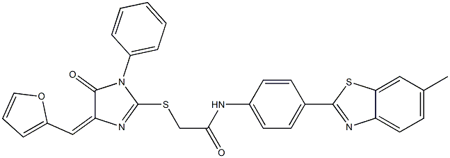 2-{[4-(2-furylmethylene)-5-oxo-1-phenyl-4,5-dihydro-1H-imidazol-2-yl]sulfanyl}-N-[4-(6-methyl-1,3-benzothiazol-2-yl)phenyl]acetamide Struktur