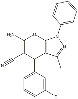 6-amino-4-(3-chlorophenyl)-3-methyl-1-phenyl-1,4-dihydropyrano[2,3-c]pyrazole-5-carbonitrile Struktur