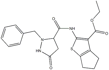 ethyl 2-{[(2-benzyl-5-oxo-3-pyrazolidinyl)carbonyl]amino}-5,6-dihydro-4H-cyclopenta[b]thiophene-3-carboxylate Struktur