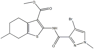 methyl 2-{[(4-bromo-1-methyl-1H-pyrazol-3-yl)carbonyl]amino}-6-methyl-4,5,6,7-tetrahydro-1-benzothiophene-3-carboxylate Struktur