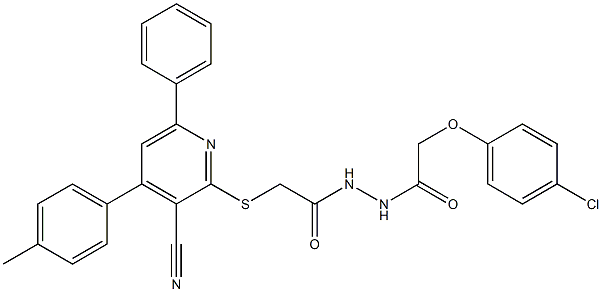 N'-[(4-chlorophenoxy)acetyl]-2-{[3-cyano-4-(4-methylphenyl)-6-phenyl-2-pyridinyl]sulfanyl}acetohydrazide Struktur