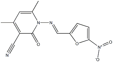 4,6-dimethyl-1-{[(E)-(5-nitro-2-furyl)methylidene]amino}-2-oxo-1,2-dihydro-3-pyridinecarbonitrile Struktur