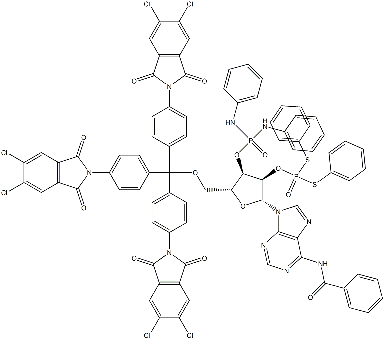 3'-O-[Bis(phenylamino)phosphinyl]-5'-O-[tris[4-[(1,3-dihydro-1,3-dioxo-5,6-dichloro-2H-isoindol)-2-yl]phenyl]methyl]-N-benzoyladenosine 2'-dithiophosphoric acid S,S-diphenyl ester Struktur