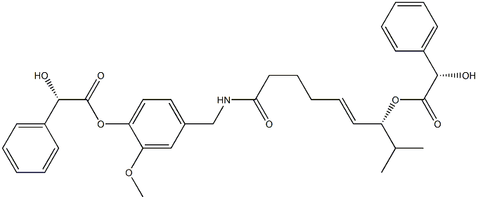 [7R,5E,(-)]-N-[[4-[[(S)-Phenylhydroxyacetyl]oxy]-3-methoxyphenyl]methyl]-8-methyl-7-[[(S)-phenylhydroxyacetyl]oxy]-5-nonenamide Struktur