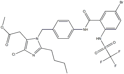 2-Butyl-4-chloro-1-[4-[5-bromo-2-(trifluoromethylsulfonylamino)benzoylamino]benzyl]-1H-imidazole-5-acetic acid methyl ester Struktur