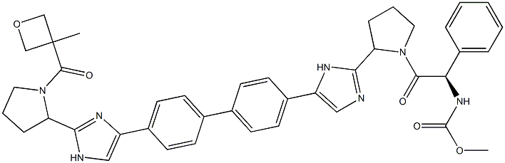 methyl (1R)-2-(2-(5-(4'-(2-(1-(3- meth yloxetane-3-carbonyl) pyrrolidin-2-yl)-1H-imidazol-4-yl)biphenyl-4-yl)-1H-imidazol-2-yl)pyrrolidin-1-yl)-2-oxo-1-phenylethylcarbamate Struktur