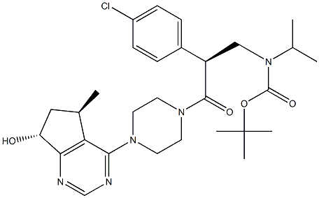 tert-butyl (S)-2-(4-chlorophenyl)-3-(4-((5R,7R)-6,7-dihydro-7-hydroxy-5-methyl-5H-cyclopenta[d]pyrimidin-4-yl)piperazin-1-yl)-3-oxopropylisopropylcarbamate Struktur