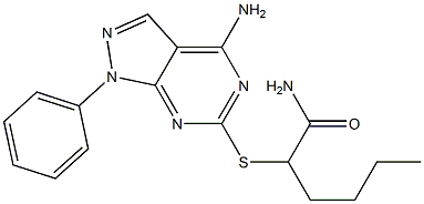 alpha-((4-amino-1-phenylpyrazolo(3,4-d)pyrimidin-6-yl)thio)hexanamide Struktur