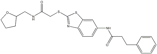 N-[2-({2-oxo-2-[(tetrahydro-2-furanylmethyl)amino]ethyl}sulfanyl)-1,3-benzothiazol-6-yl]-3-phenylpropanamide Struktur