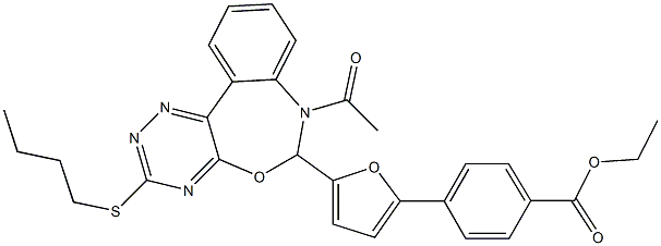 ethyl 4-{5-[7-acetyl-3-(butylsulfanyl)-6,7-dihydro[1,2,4]triazino[5,6-d][3,1]benzoxazepin-6-yl]-2-furyl}benzoate Struktur