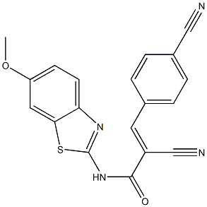 2-cyano-3-(4-cyanophenyl)-N-(6-methoxy-1,3-benzothiazol-2-yl)acrylamide Struktur