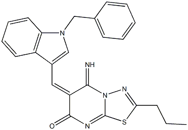 6-[(1-benzyl-1H-indol-3-yl)methylene]-5-imino-2-propyl-5,6-dihydro-7H-[1,3,4]thiadiazolo[3,2-a]pyrimidin-7-one Struktur