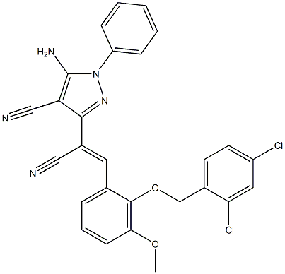 5-amino-3-(1-cyano-2-{2-[(2,4-dichlorobenzyl)oxy]-3-methoxyphenyl}vinyl)-1-phenyl-1H-pyrazole-4-carbonitrile Struktur