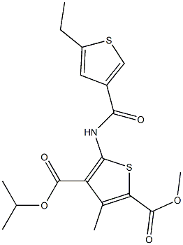 4-isopropyl 2-methyl 5-{[(5-ethyl-3-thienyl)carbonyl]amino}-3-methyl-2,4-thiophenedicarboxylate Struktur