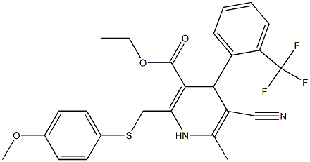 5-Cyano-1,4-dihydro-6-methyl-2-[(4-methoxyphenylthio)methyl]-4-(2-trifluoromethylphenyl)pyridine-3-carboxylic acid ethyl ester Struktur