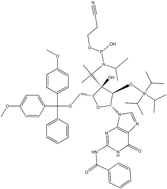 N-Benzoyl-5'-O-(4,4'-dimethoxytrityl)-2'-O-(triisopropylsilyl)guanosine 3'-[diisopropylaminophosphonous acid (2-cyanoethyl)] ester Struktur