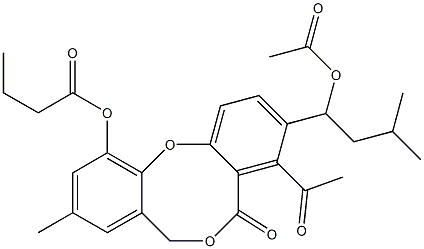 Butyric acid 4-acetyl-3-[1-(acetyloxy)-3-methylbutyl]-9-methyl-5-oxo-5H,7H-dibenzo[b,g][1,5]dioxocin-11-yl ester Struktur