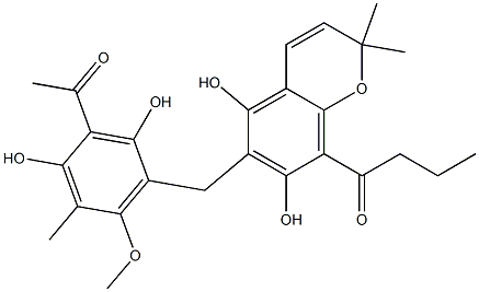 8-Butyryl-6-(3-acetyl-2,4-dihydroxy-5-methyl-6-methoxybenzyl)-2,2-dimethyl-2H-1-benzopyran-5,7-diol Struktur