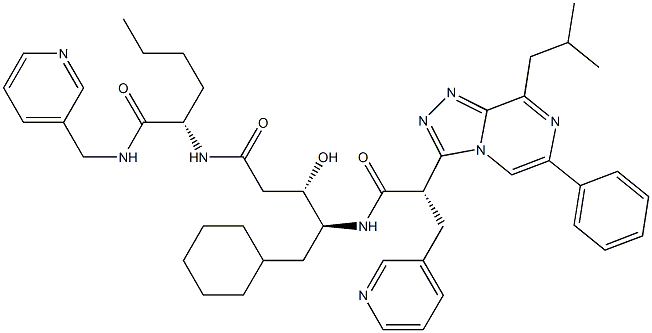 (2S)-2-[[(3S,4S)-4-[[(2S)-2-(8-Isobutyl-6-phenyl-1,2,4-triazolo[4,3-a]pyrazin-3-yl)-3-(3-pyridinyl)propanoyl]amino]-5-cyclohexyl-3-hydroxypentanoyl]amino]-N-(3-pyridinylmethyl)-5-methylpentanamide Struktur