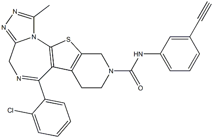 1-Methyl-6-(2-chlorophenyl)-9-[(3-ethynylphenyl)aminocarbonyl]-7,8,9,10-tetrahydro-4H-pyrido[4',3':4,5]thieno[3,2-f][1,2,4]triazolo[4,3-a][1,4]diazepine Struktur