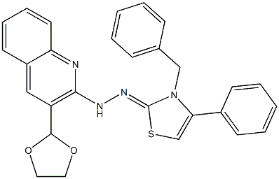 2-[2-[3-(1,3-Dioxolane-2-yl)quinoline-2-yl]hydrazono]-3-benzyl-2,3-dihydro-4-phenylthiazole Struktur