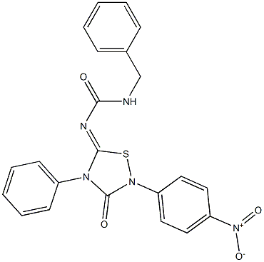 2-(4-Nitrophenyl)-4-phenyl-5-[(benzylcarbamoyl)imino]-1,2,4-thiadiazolidin-3-one Struktur