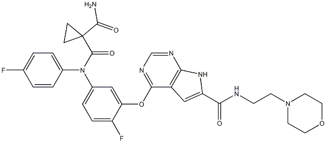 N-(4-fluoro-3-(6-(2-morpholinoethylcarbamoyl)-7H-pyrrolo[2,3-d]pyrimidin-4-yloxy)phenyl)-N-(4-fluorophenyl)cyclopropane-1,1-dicarboxamide Struktur