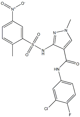 N4-(3-chloro-4-fluorophenyl)-1-methyl-3-{[(2-methyl-5-nitrophenyl)sulfonyl]amino}-1H-pyrazole-4-carboxamide Struktur