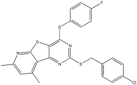 4-chlorobenzyl 4-[(4-fluorophenyl)sulfanyl]-7,9-dimethylpyrido[3',2':4,5]thieno[3,2-d]pyrimidin-2-yl sulfide Struktur