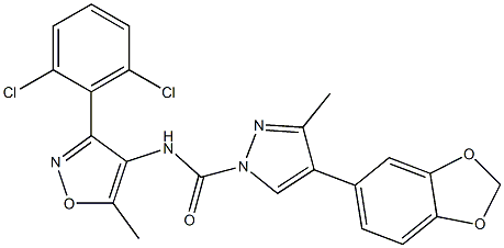 N1-[3-(2,6-dichlorophenyl)-5-methylisoxazol-4-yl]-4-(1,3-benzodioxol-5-yl)-3-methyl-1H-pyrazole-1-carboxamide Struktur