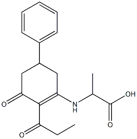 2-[(3-oxo-5-phenyl-2-propionyl-1-cyclohexenyl)amino]propanoic acid Struktur