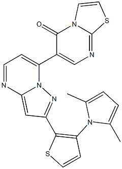 6-{2-[3-(2,5-dimethyl-1H-pyrrol-1-yl)-2-thienyl]pyrazolo[1,5-a]pyrimidin-7-yl}-5H-[1,3]thiazolo[3,2-a]pyrimidin-5-one Struktur