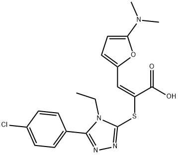 2-Propenoic  acid,  2-[[5-(4-chlorophenyl)-4-ethyl-4H-1,2,4-triazol-3-yl]thio]-3-[5-(dimethylamino)-2-furanyl]-,  (2E)- Struktur